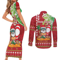 Personalised Hawaii Christmas Couples Matching Short Sleeve Bodycon Dress and Long Sleeve Button Shirt Funny Santa Claus Surf Mele Kalikimaka LT05 - Polynesian Pride