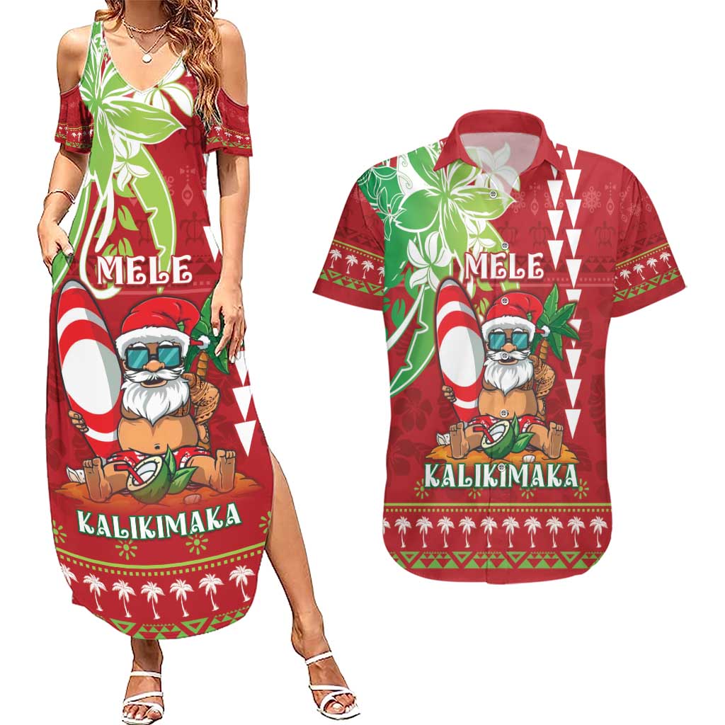 Personalised Hawaii Christmas Couples Matching Summer Maxi Dress and Hawaiian Shirt Funny Santa Claus Surf Mele Kalikimaka LT05 Red - Polynesian Pride