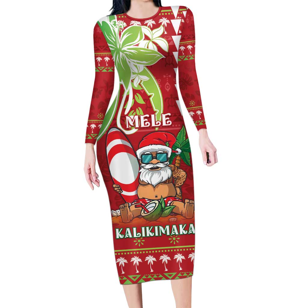 Personalised Hawaii Christmas Family Matching Long Sleeve Bodycon Dress and Hawaiian Shirt Funny Santa Claus Surf Mele Kalikimaka LT05 Mom's Dress Red - Polynesian Pride