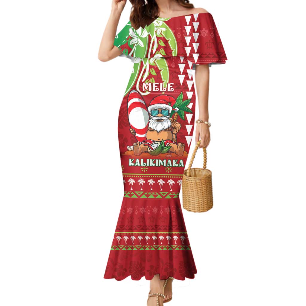 Personalised Hawaii Christmas Family Matching Mermaid Dress and Hawaiian Shirt Funny Santa Claus Surf Mele Kalikimaka LT05 Mom's Dress Red - Polynesian Pride