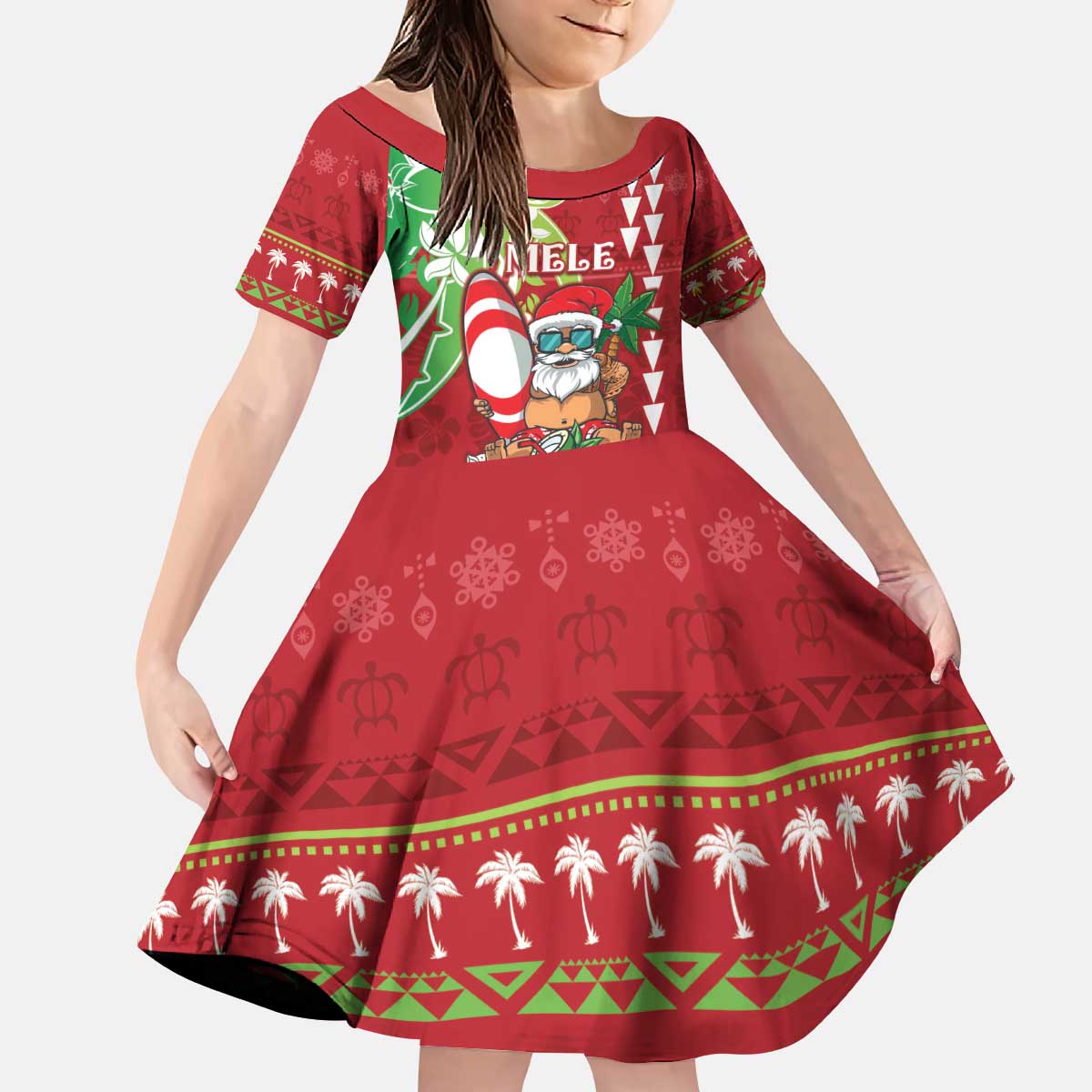 Personalised Hawaii Christmas Kid Short Sleeve Dress Funny Santa Claus Surf Mele Kalikimaka