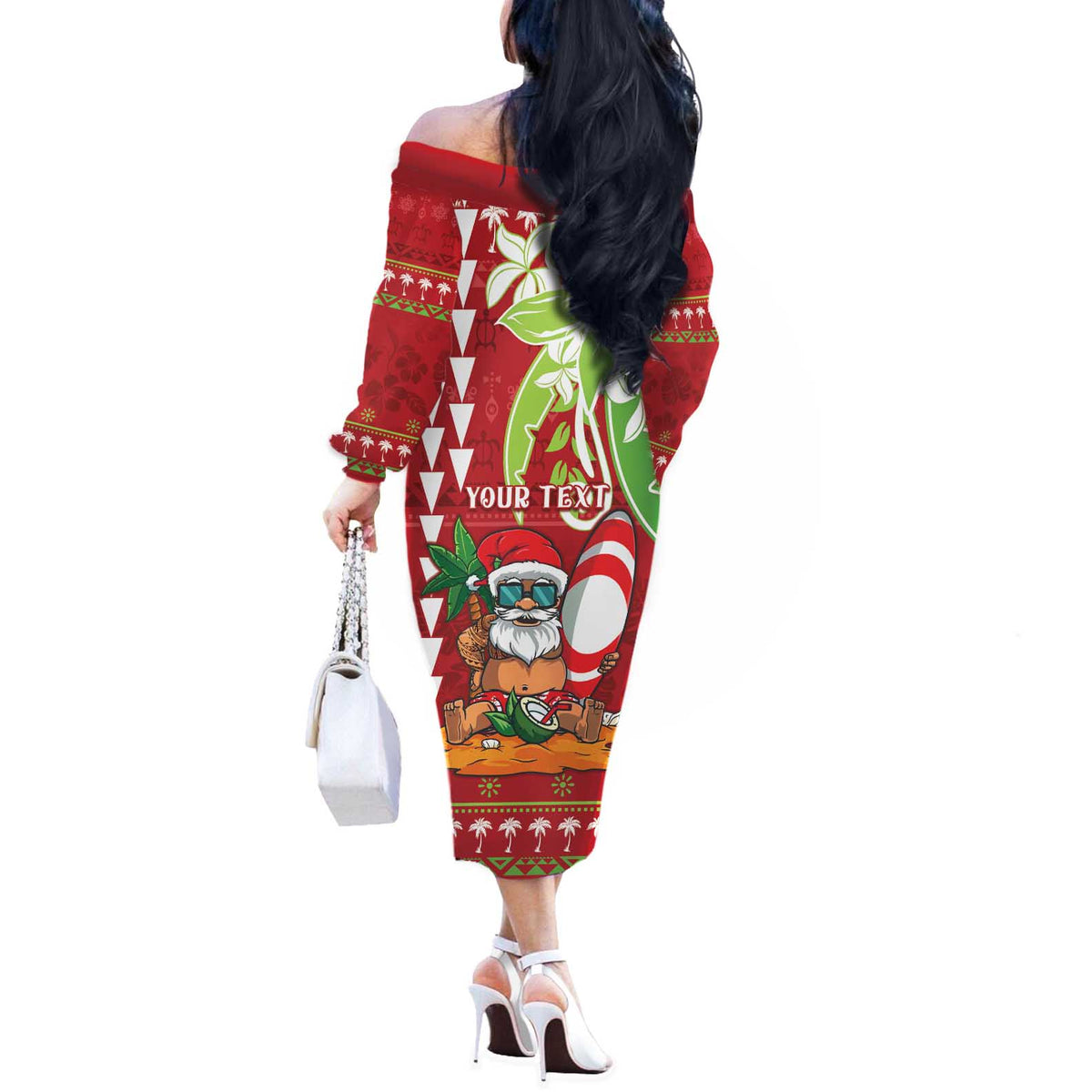 Personalised Hawaii Christmas Off The Shoulder Long Sleeve Dress Funny Santa Claus Surf Mele Kalikimaka LT05 - Polynesian Pride