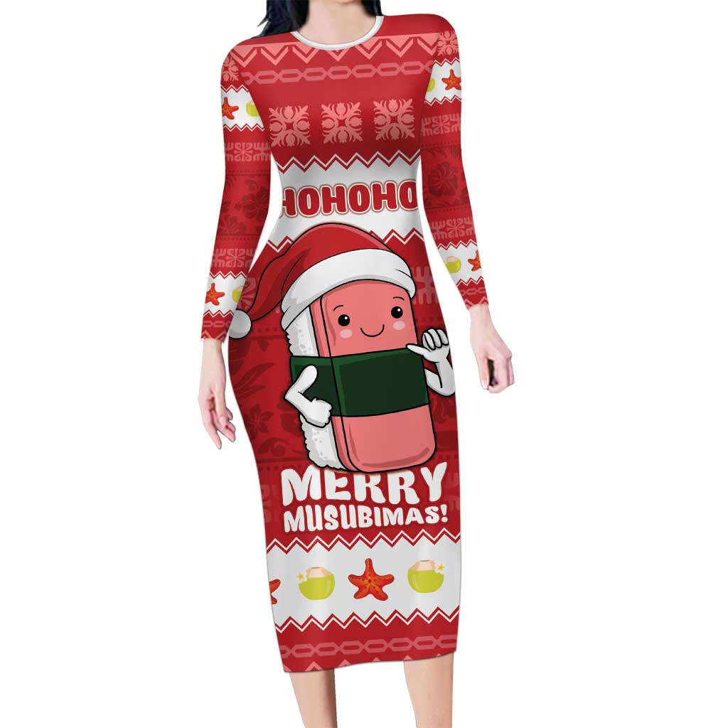 Hawaii Funny Christmas Family Matching Long Sleeve Bodycon Dress and Hawaiian Shirt Spam Musubi Santa LT05 Mom's Dress Red - Polynesian Pride