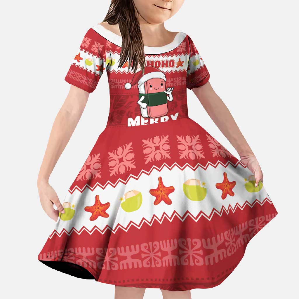 Hawaii Funny Christmas Family Matching Mermaid Dress and Hawaiian Shirt Spam Musubi Santa LT05 Daughter's Dress Red - Polynesian Pride