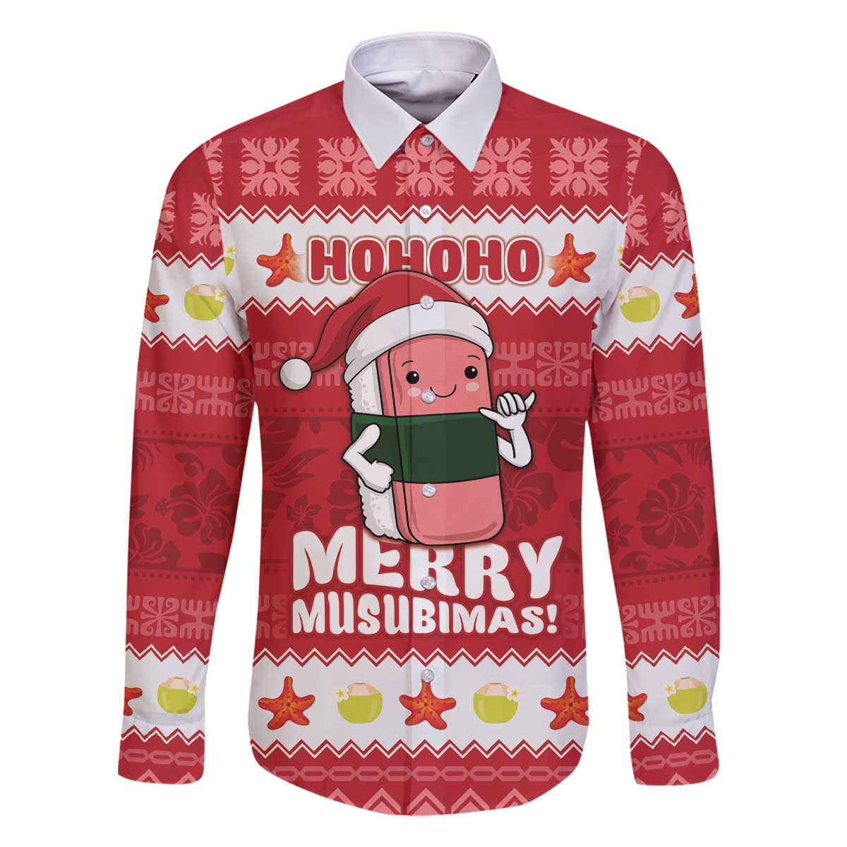 Hawaii Funny Christmas Family Matching Off The Shoulder Long Sleeve Dress and Hawaiian Shirt Spam Musubi Santa LT05 Dad's Shirt - Long Sleeve Red - Polynesian Pride