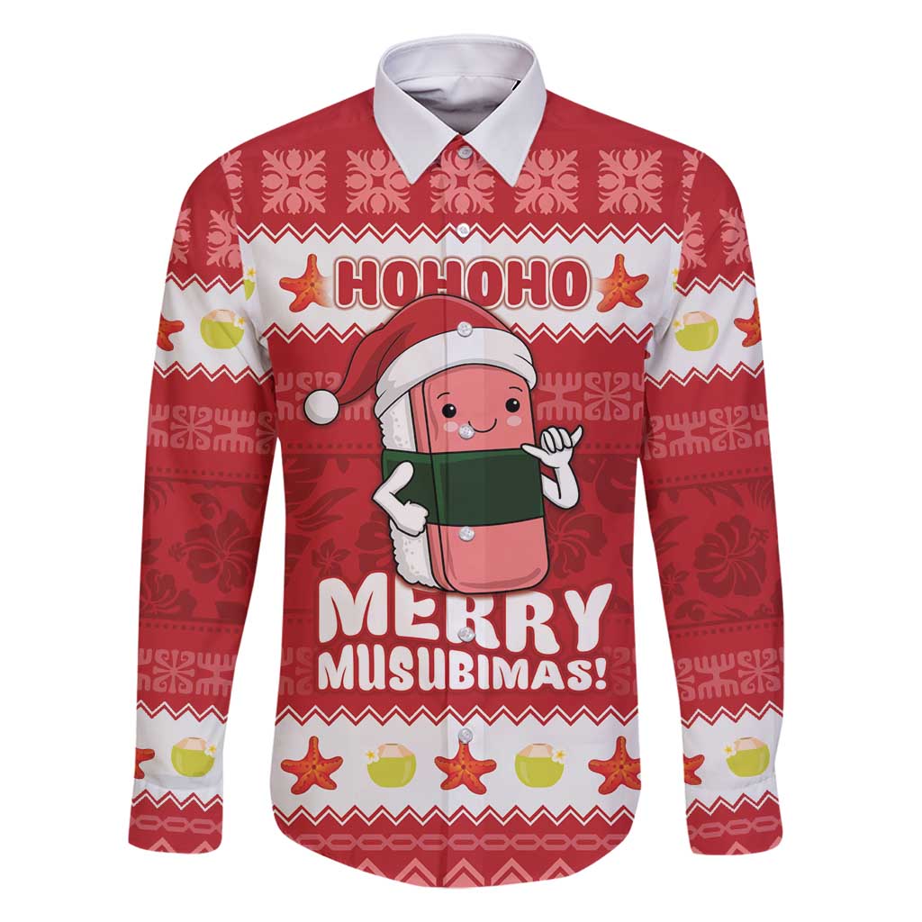Hawaii Funny Christmas Family Matching Off Shoulder Maxi Dress and Hawaiian Shirt Spam Musubi Santa LT05 Dad's Shirt - Long Sleeve Red - Polynesian Pride