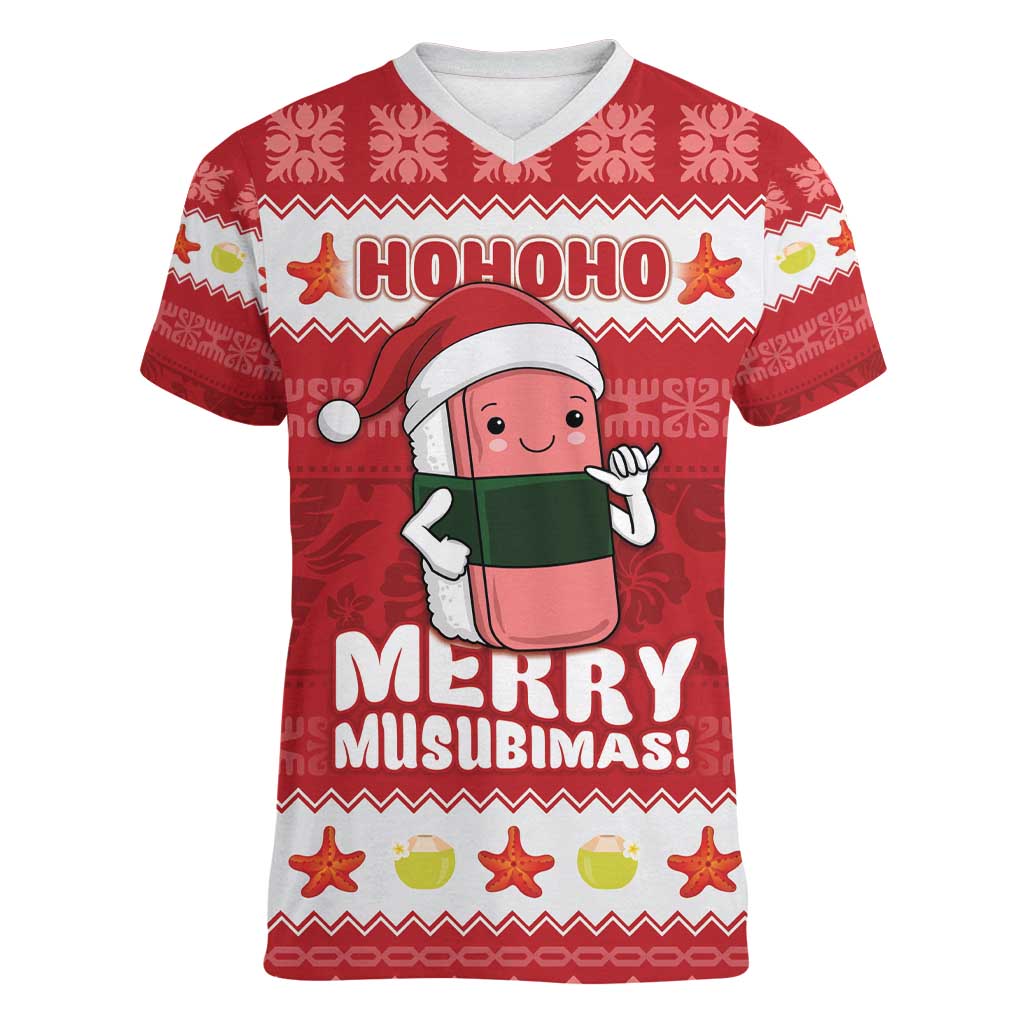 Hawaii Funny Christmas Women V-Neck T-Shirt Spam Musubi Santa