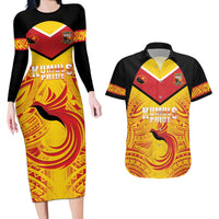 Papua New Guinea Rugby Custom Couples Matching Long Sleeve Bodycon Dress and Hawaiian Shirt Kumul Pride Go Champions LT05 Yellow - Polynesian Pride