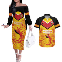 Papua New Guinea Rugby Custom Couples Matching Off The Shoulder Long Sleeve Dress and Hawaiian Shirt Kumul Pride Go Champions LT05 Yellow - Polynesian Pride