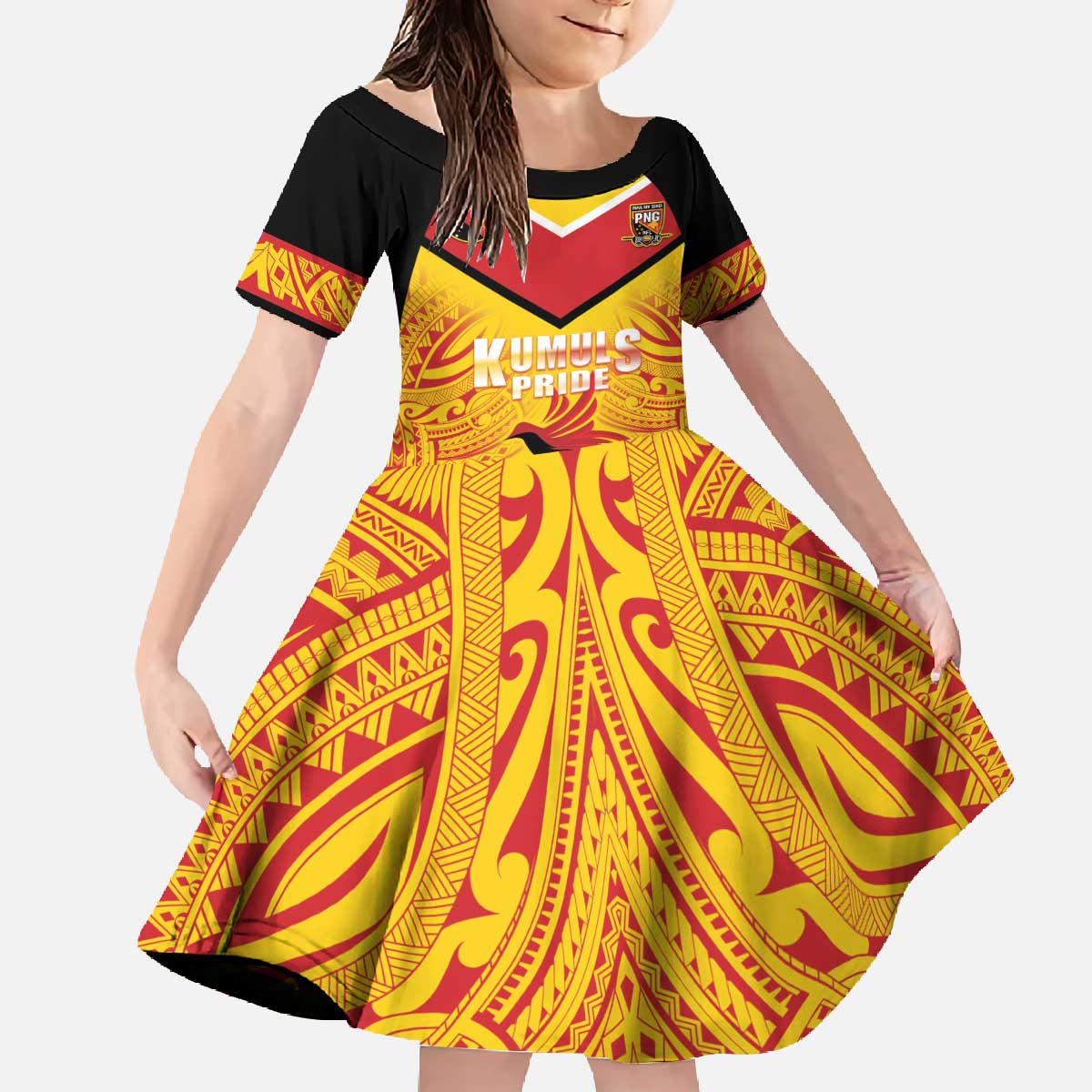 Papua New Guinea Rugby Custom Family Matching Off The Shoulder Long Sleeve Dress and Hawaiian Shirt Kumul Pride Go Champions LT05 Daughter's Dress Yellow - Polynesian Pride