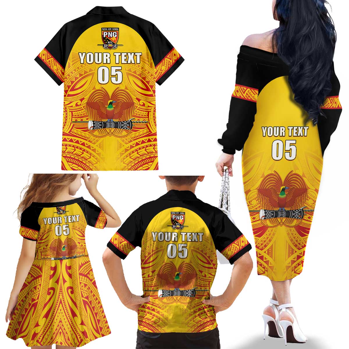 Papua New Guinea Rugby Custom Family Matching Off The Shoulder Long Sleeve Dress and Hawaiian Shirt Kumul Pride Go Champions LT05 - Polynesian Pride