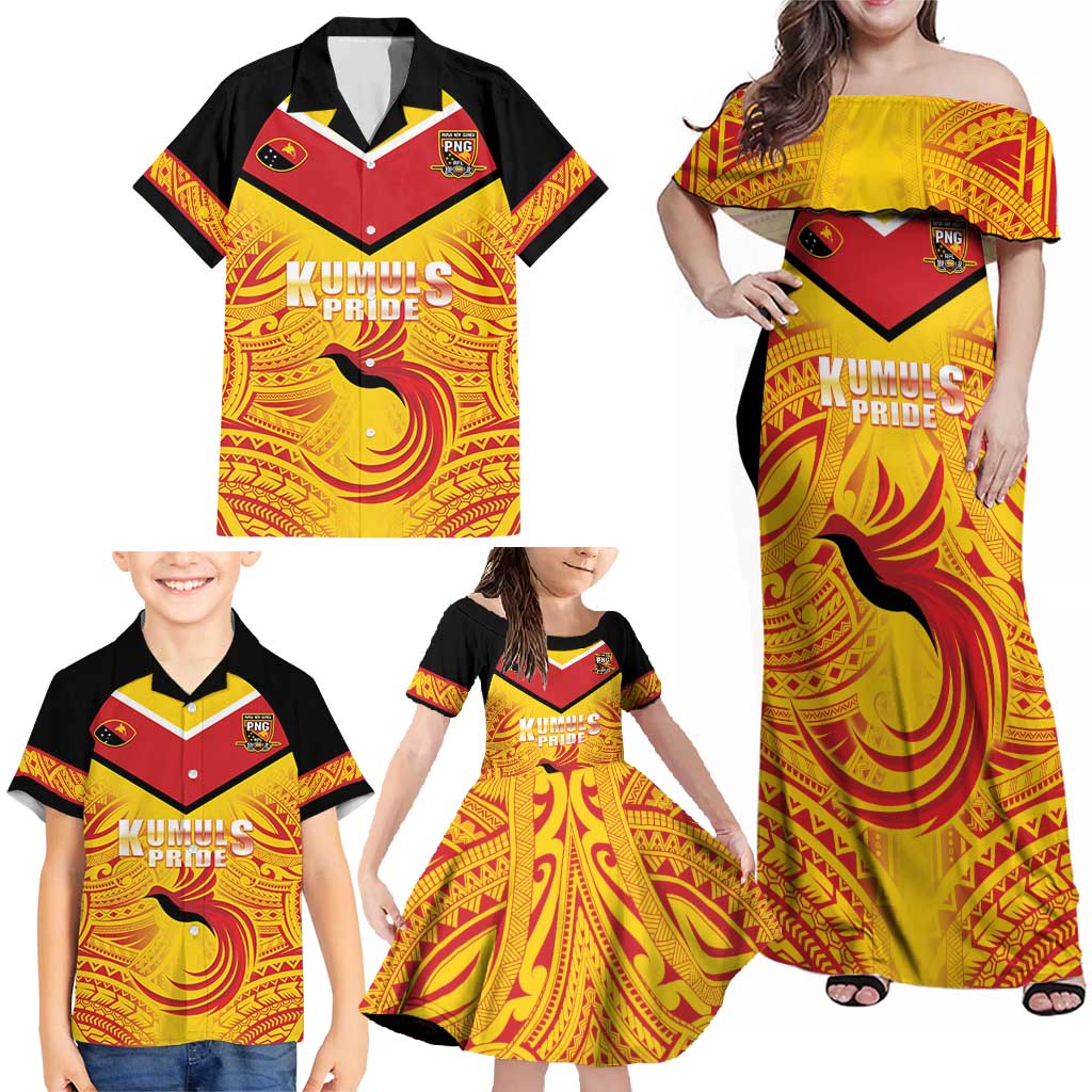 Papua New Guinea Rugby Custom Family Matching Off Shoulder Maxi Dress and Hawaiian Shirt Kumul Pride Go Champions LT05 - Polynesian Pride