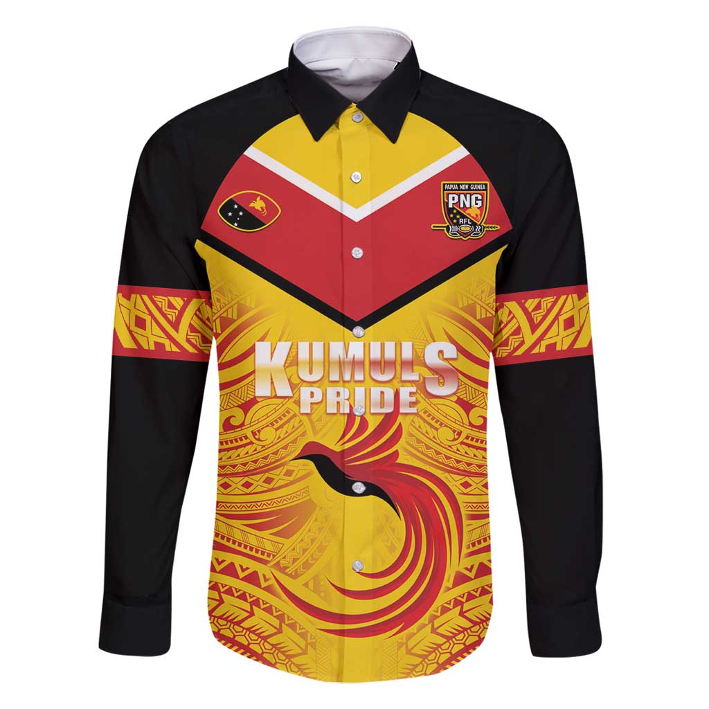 Papua New Guinea Rugby Custom Family Matching Off Shoulder Maxi Dress and Hawaiian Shirt Kumul Pride Go Champions LT05 Dad's Shirt - Long Sleeve Yellow - Polynesian Pride