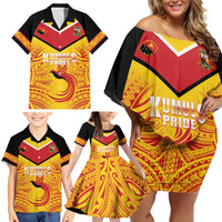 Papua New Guinea Rugby Custom Family Matching Off Shoulder Short Dress and Hawaiian Shirt Kumul Pride Go Champions LT05 - Polynesian Pride