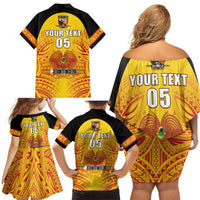 Papua New Guinea Rugby Custom Family Matching Off Shoulder Short Dress and Hawaiian Shirt Kumul Pride Go Champions LT05 - Polynesian Pride
