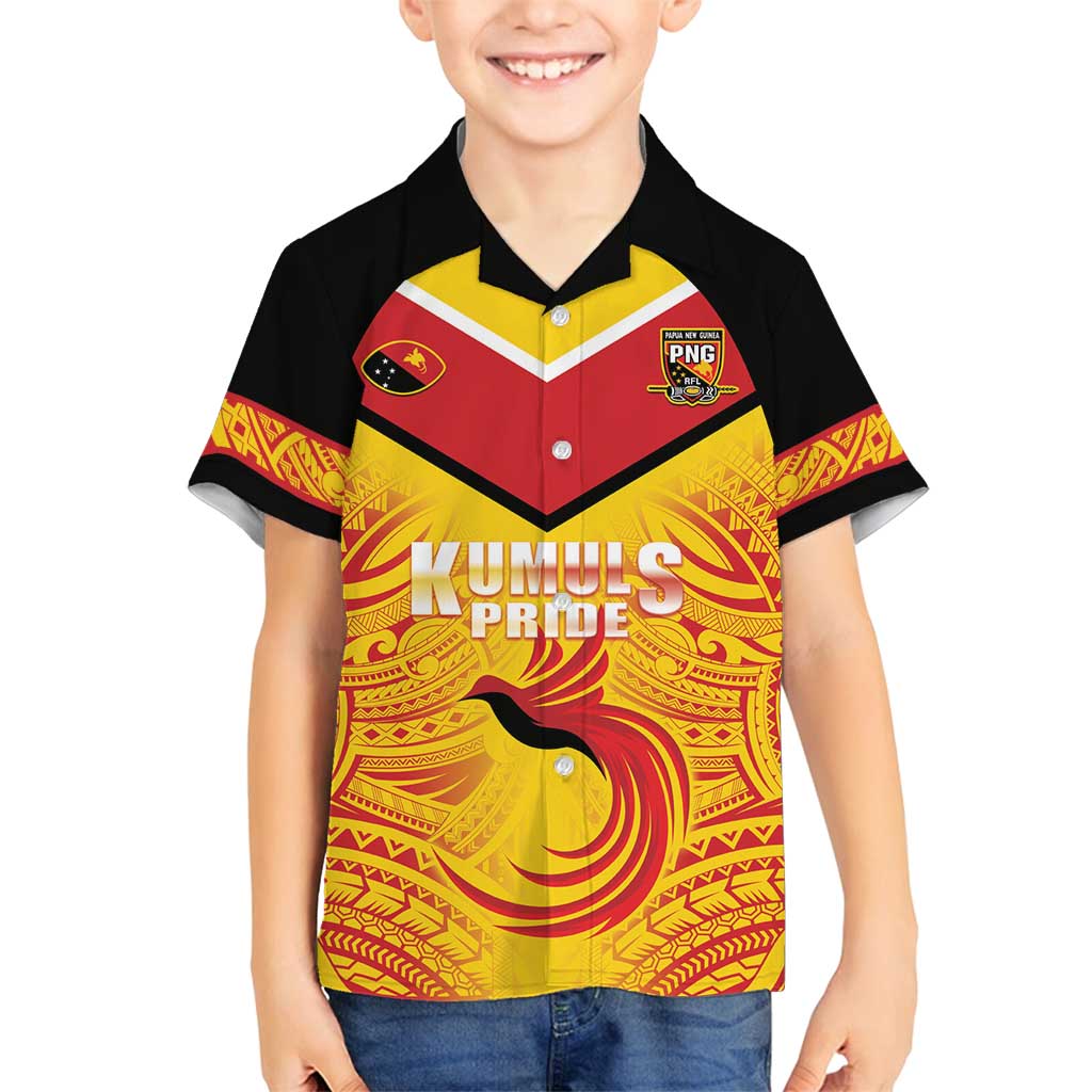 Papua New Guinea Rugby Custom Family Matching Off Shoulder Short Dress and Hawaiian Shirt Kumul Pride Go Champions LT05 Son's Shirt Yellow - Polynesian Pride