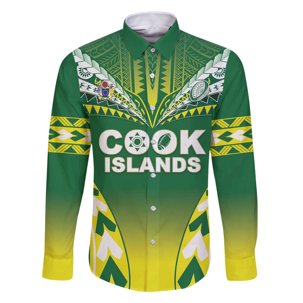 Cook Islands Rugby Custom Family Matching Long Sleeve Bodycon Dress and Hawaiian Shirt The Kukis Go Champions LT05 Dad's Shirt - Long Sleeve Green - Polynesian Pride