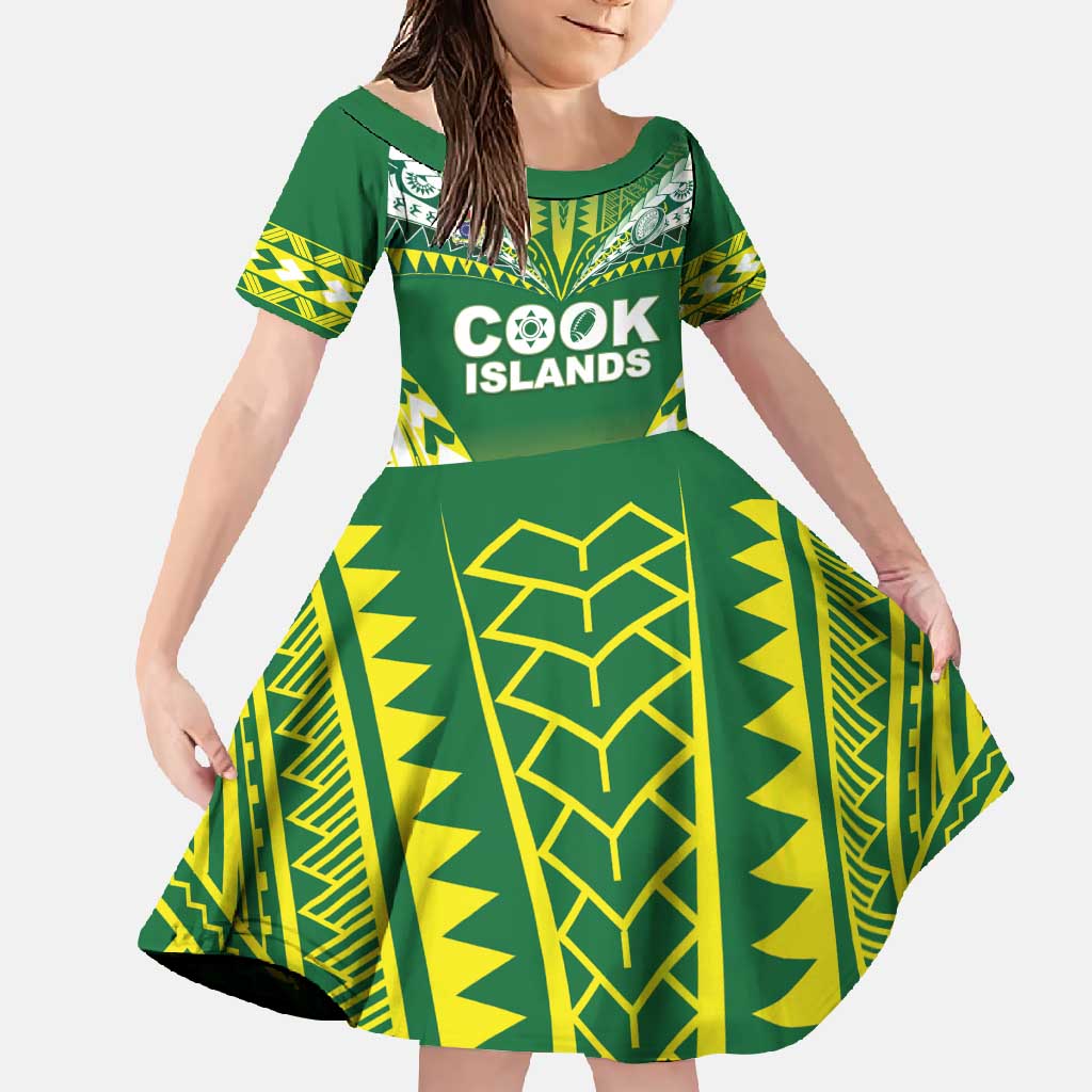 Cook Islands Rugby Custom Family Matching Mermaid Dress and Hawaiian Shirt The Kukis Go Champions LT05 Daughter's Dress Green - Polynesian Pride