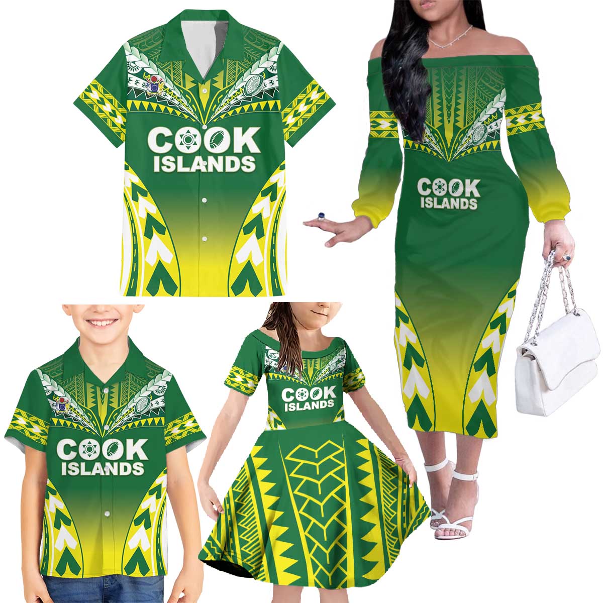 Cook Islands Rugby Custom Family Matching Off The Shoulder Long Sleeve Dress and Hawaiian Shirt The Kukis Go Champions LT05 - Polynesian Pride