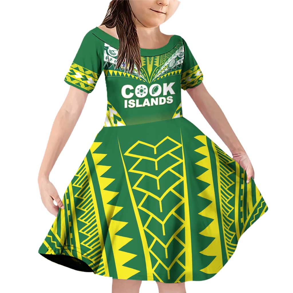 Cook Islands Rugby Custom Family Matching Off Shoulder Short Dress and Hawaiian Shirt The Kukis Go Champions LT05 Daughter's Dress Green - Polynesian Pride