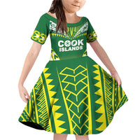 Cook Islands Rugby Custom Family Matching Off Shoulder Short Dress and Hawaiian Shirt The Kukis Go Champions LT05 Daughter's Dress Green - Polynesian Pride