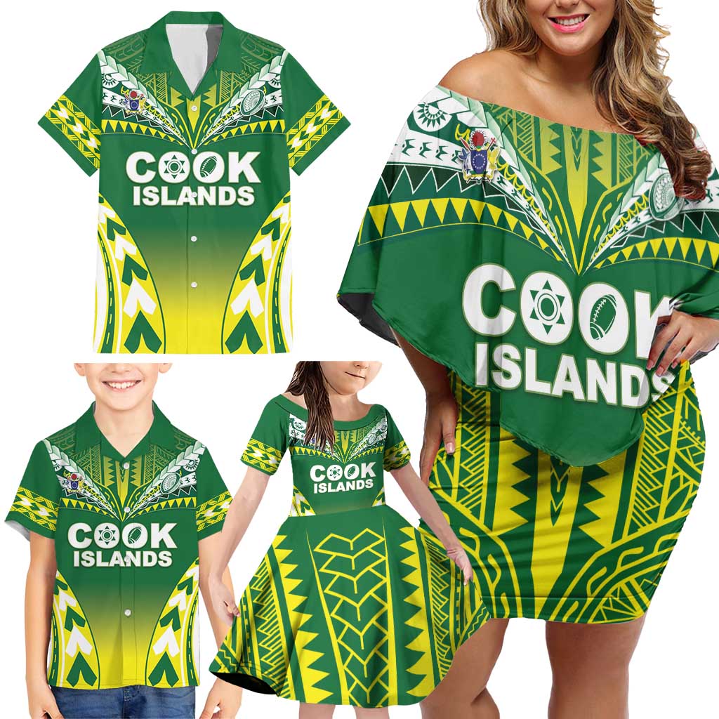 Cook Islands Rugby Custom Family Matching Off Shoulder Short Dress and Hawaiian Shirt The Kukis Go Champions LT05 - Polynesian Pride