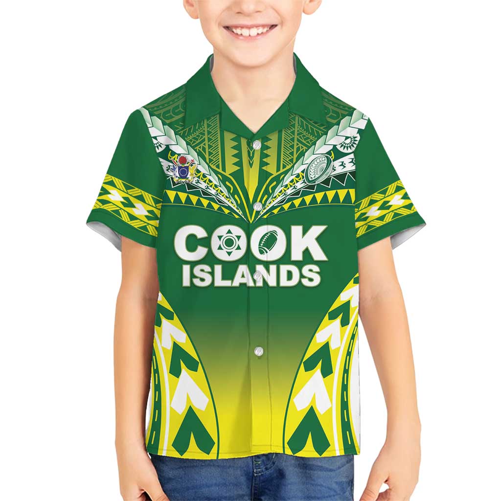 Cook Islands Rugby Custom Family Matching Off Shoulder Short Dress and Hawaiian Shirt The Kukis Go Champions LT05 Son's Shirt Green - Polynesian Pride