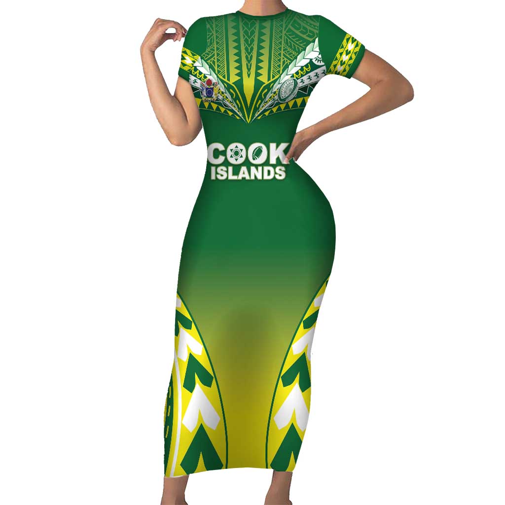 Cook Islands Rugby Custom Family Matching Short Sleeve Bodycon Dress and Hawaiian Shirt The Kukis Go Champions LT05 Mom's Dress Green - Polynesian Pride