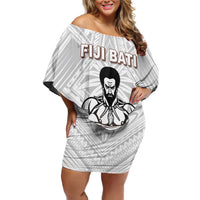 Fiji Rugby Custom Family Matching Off Shoulder Short Dress and Hawaiian Shirt Fijian Bati Go Champions LT05 Mom's Dress White - Polynesian Pride