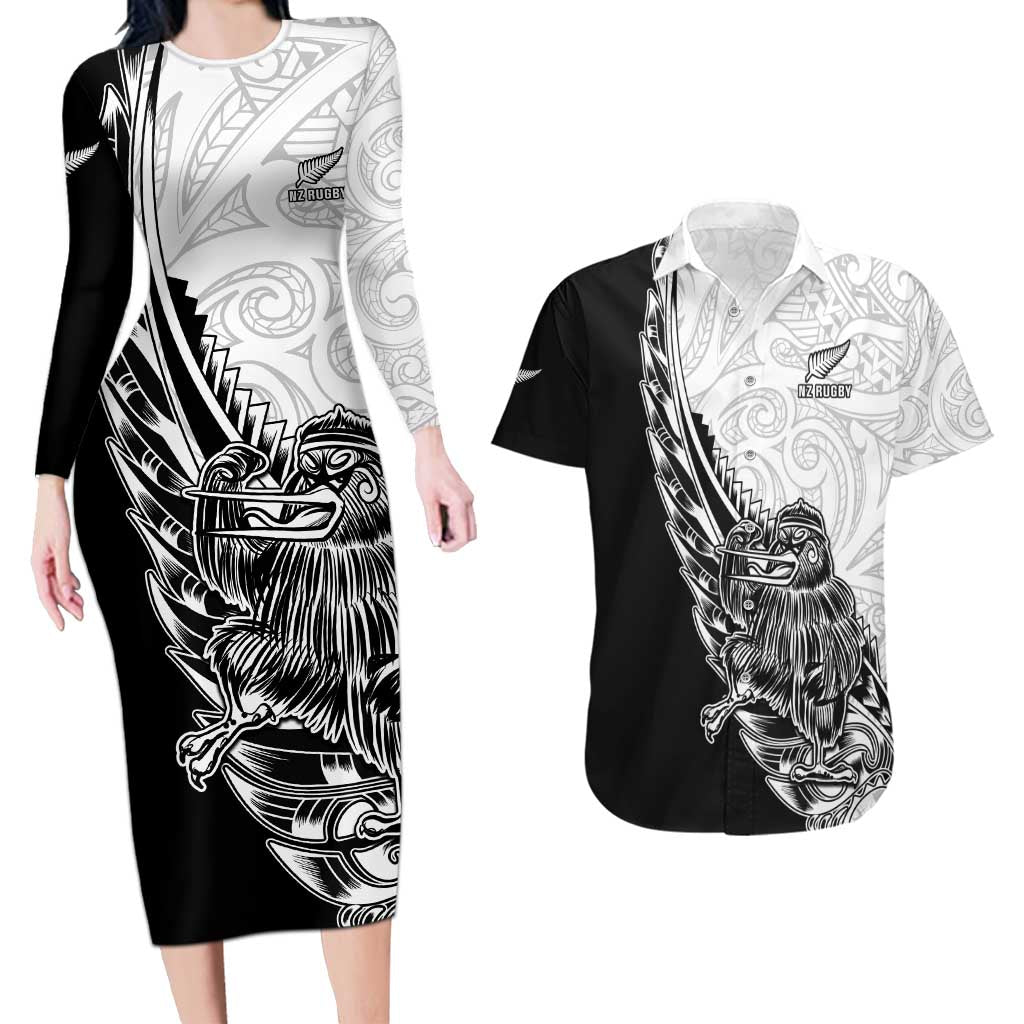 New Zealand Kiwi Rugby Custom Couples Matching Long Sleeve Bodycon Dress and Hawaiian Shirt Go Champions Maori Pattern LT05 White - Polynesian Pride