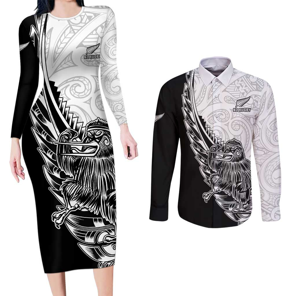 New Zealand Kiwi Rugby Custom Couples Matching Long Sleeve Bodycon Dress and Long Sleeve Button Shirt Go Champions Maori Pattern LT05 White - Polynesian Pride
