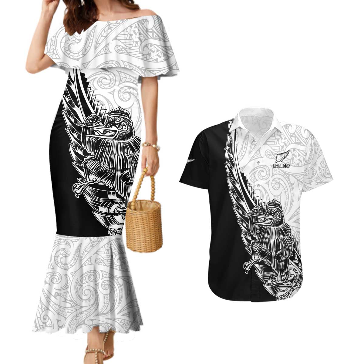 New Zealand Kiwi Rugby Custom Couples Matching Mermaid Dress and Hawaiian Shirt Go Champions Maori Pattern LT05 White - Polynesian Pride