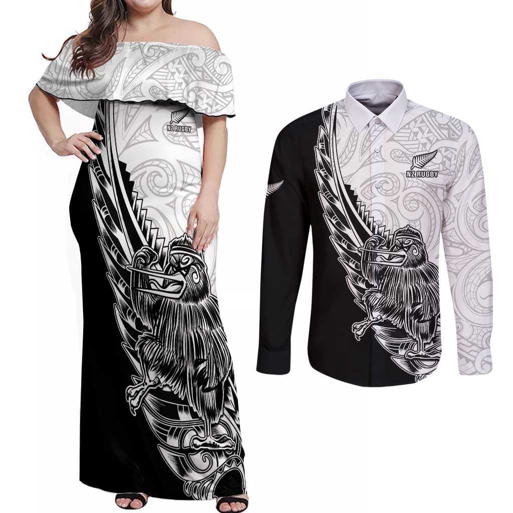 New Zealand Kiwi Rugby Custom Couples Matching Off Shoulder Maxi Dress and Long Sleeve Button Shirt Go Champions Maori Pattern LT05 White - Polynesian Pride