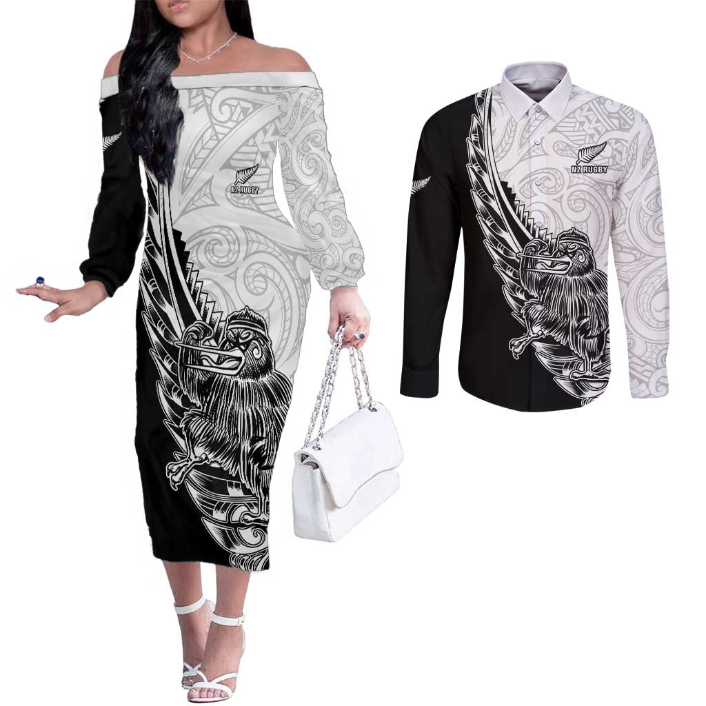 New Zealand Kiwi Rugby Custom Couples Matching Off The Shoulder Long Sleeve Dress and Long Sleeve Button Shirt Go Champions Maori Pattern LT05 White - Polynesian Pride