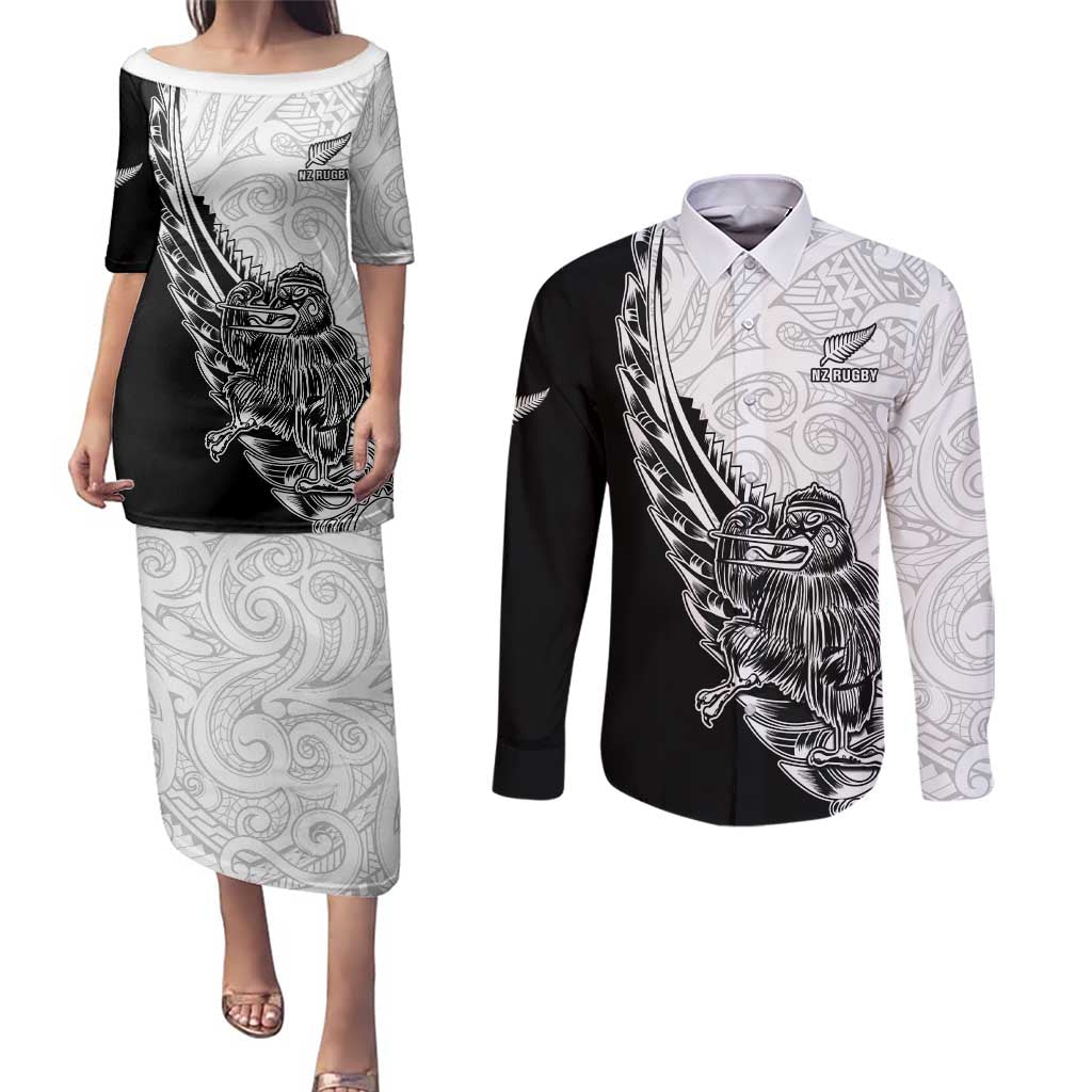 New Zealand Kiwi Rugby Custom Couples Matching Puletasi and Long Sleeve Button Shirt Go Champions Maori Pattern LT05 White - Polynesian Pride