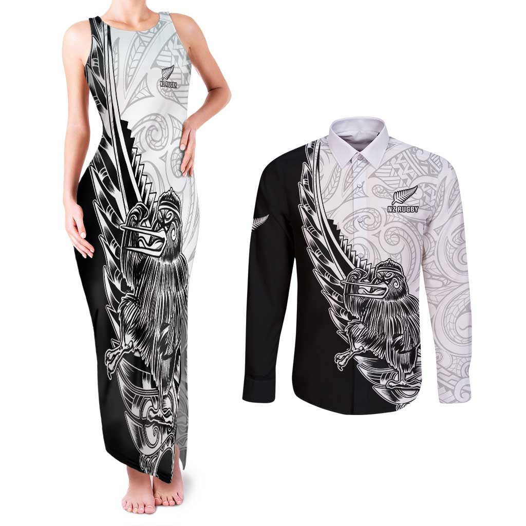 New Zealand Kiwi Rugby Custom Couples Matching Tank Maxi Dress and Long Sleeve Button Shirt Go Champions Maori Pattern LT05 White - Polynesian Pride