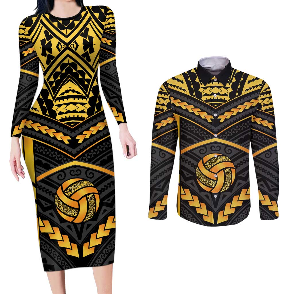 Custom Polynesia Beach Volleyball Couples Matching Long Sleeve Bodycon Dress and Long Sleeve Button Shirt Gold Polynesian Tribal Pattern - Polynesian Pride