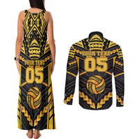 Custom Polynesia Beach Volleyball Couples Matching Tank Maxi Dress and Long Sleeve Button Shirt Gold Polynesian Tribal Pattern - Polynesian Pride