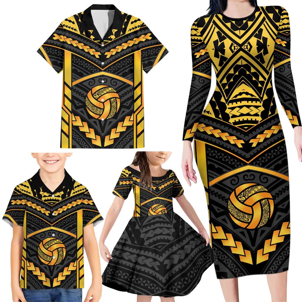 Custom Polynesia Beach Volleyball Family Matching Long Sleeve Bodycon Dress and Hawaiian Shirt Gold Polynesian Tribal Pattern - Polynesian Pride