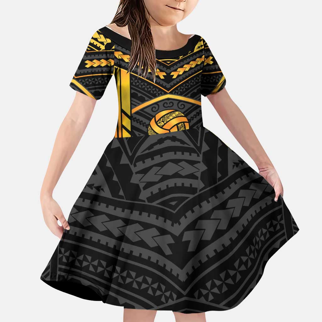 Custom Polynesia Beach Volleyball Family Matching Off The Shoulder Long Sleeve Dress and Hawaiian Shirt Gold Polynesian Tribal Pattern - Polynesian Pride