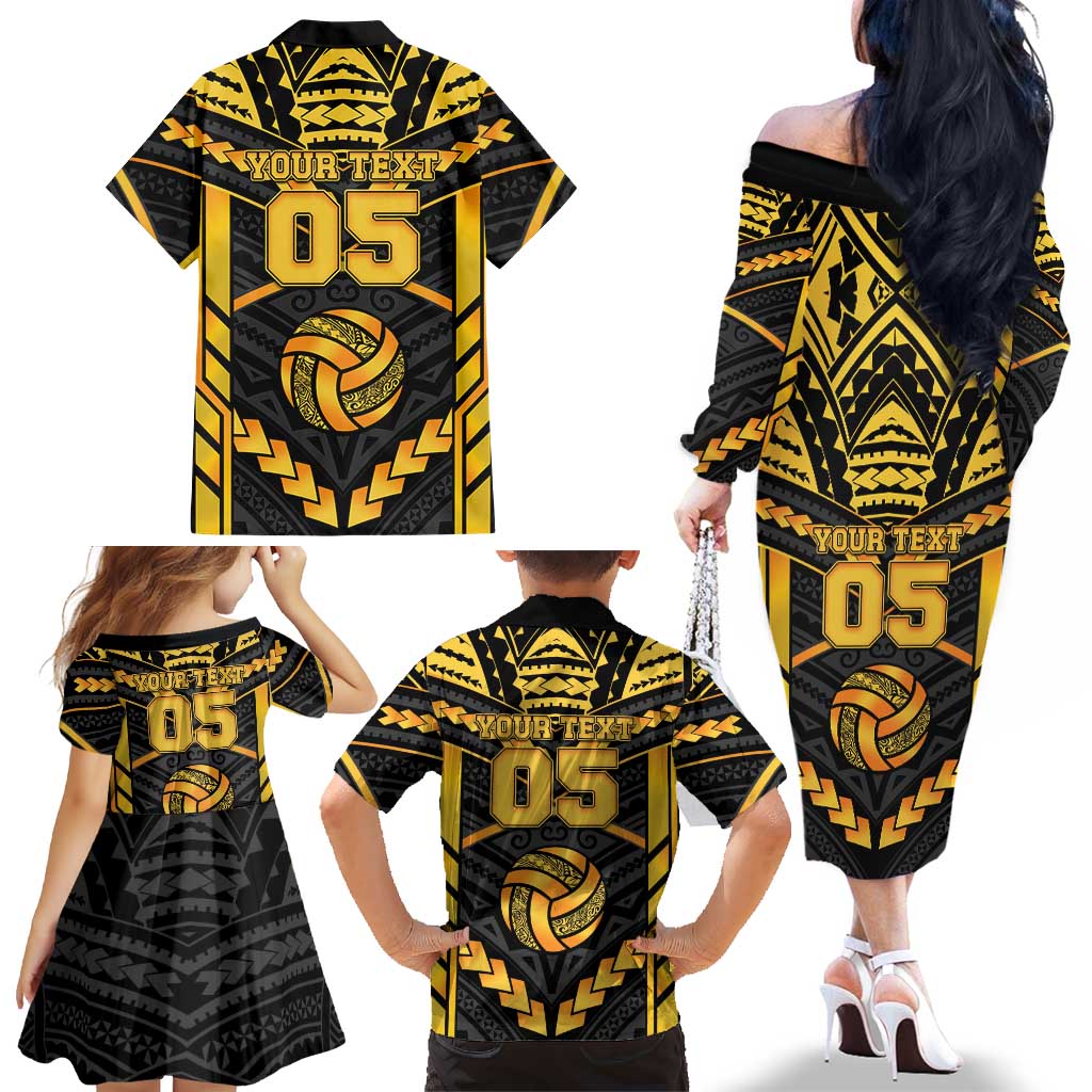 Custom Polynesia Beach Volleyball Family Matching Off The Shoulder Long Sleeve Dress and Hawaiian Shirt Gold Polynesian Tribal Pattern - Polynesian Pride
