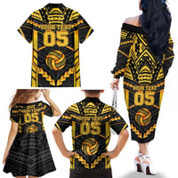 Custom Polynesia Beach Volleyball Family Matching Off The Shoulder Long Sleeve Dress and Hawaiian Shirt Gold Polynesian Tribal Pattern - Polynesian Pride