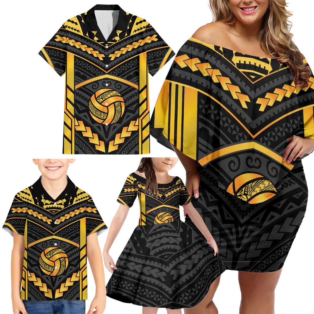 Custom Polynesia Beach Volleyball Family Matching Off Shoulder Short Dress and Hawaiian Shirt Gold Polynesian Tribal Pattern - Polynesian Pride