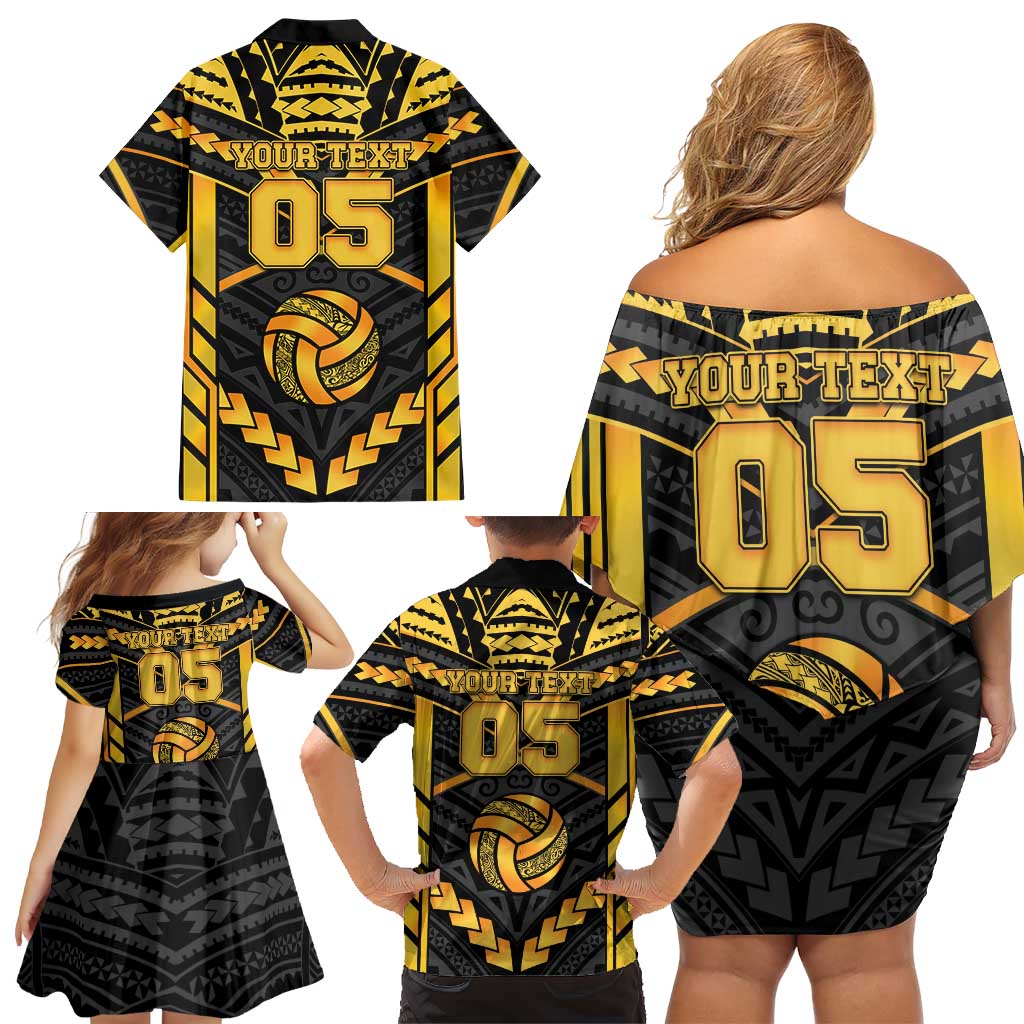 Custom Polynesia Beach Volleyball Family Matching Off Shoulder Short Dress and Hawaiian Shirt Gold Polynesian Tribal Pattern - Polynesian Pride