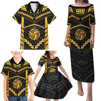 Custom Polynesia Beach Volleyball Family Matching Puletasi and Hawaiian Shirt Gold Polynesian Tribal Pattern - Polynesian Pride
