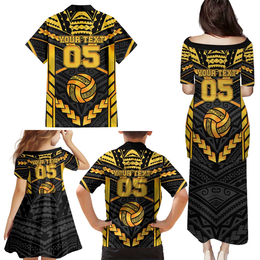 Custom Polynesia Beach Volleyball Family Matching Puletasi and Hawaiian Shirt Gold Polynesian Tribal Pattern - Polynesian Pride