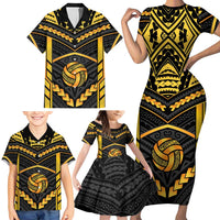 Custom Polynesia Beach Volleyball Family Matching Short Sleeve Bodycon Dress and Hawaiian Shirt Gold Polynesian Tribal Pattern - Polynesian Pride