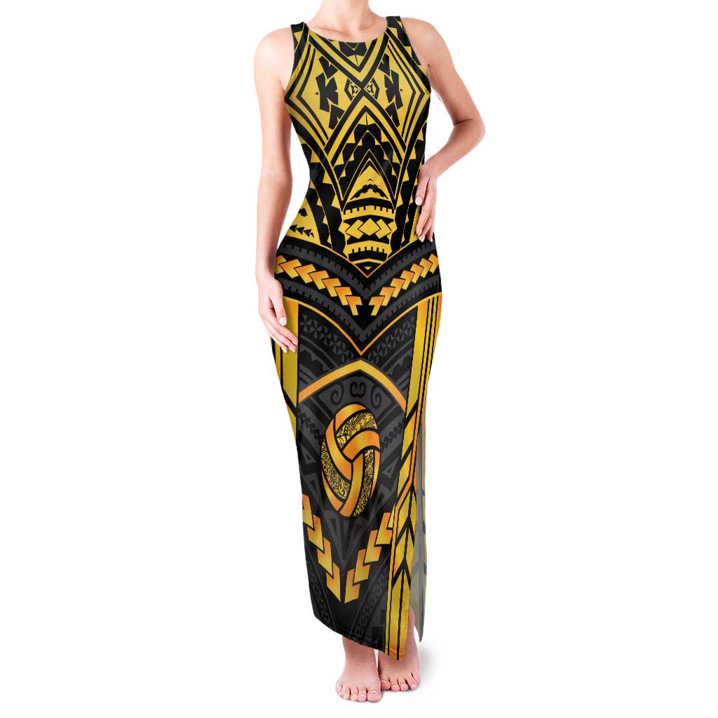 Custom Polynesia Beach Volleyball Family Matching Tank Maxi Dress and Hawaiian Shirt Gold Polynesian Tribal Pattern - Polynesian Pride