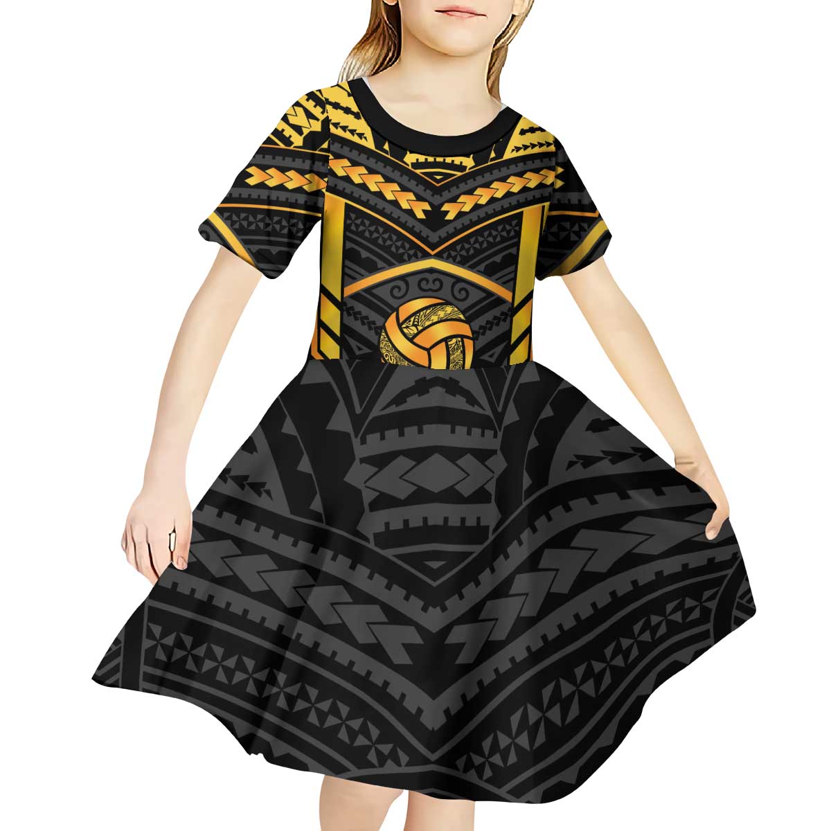 Custom Polynesia Beach Volleyball Kid Short Sleeve Dress Gold Polynesian Tribal Pattern - Polynesian Pride