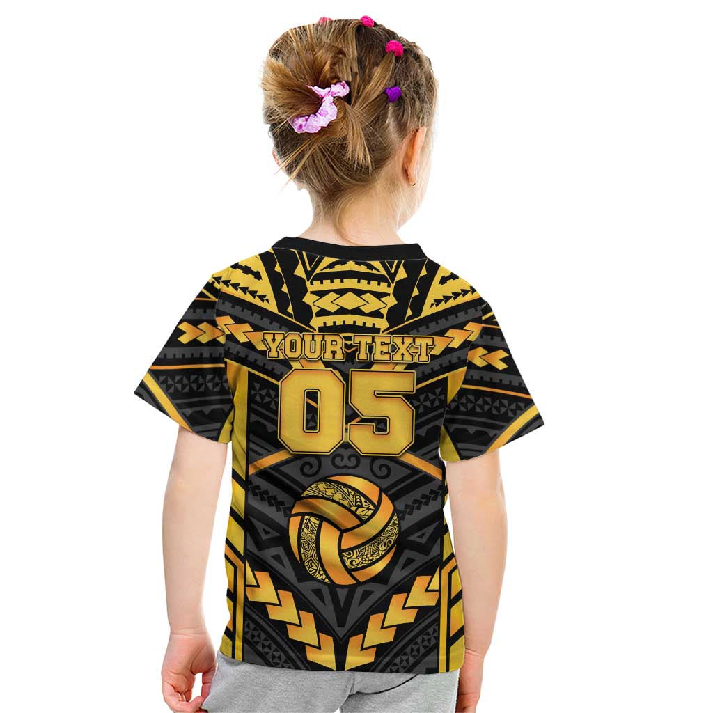 Custom Polynesia Beach Volleyball Kid T Shirt Gold Polynesian Tribal Pattern - Polynesian Pride